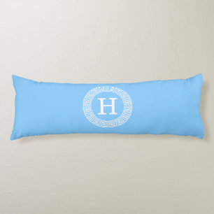 Sky Blue Wht Greek Key Rnd Frame Initial Monogram Body Cushion
