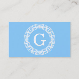 Sky Blue Wht Greek Key Rnd Frame Initial Monogram Business Card
