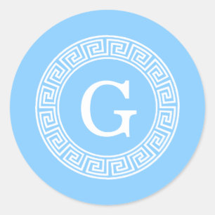 Sky Blue Wht Greek Key Rnd Frame Initial Monogram Classic Round Sticker