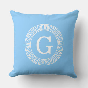 Sky Blue Wht Greek Key Rnd Frame Initial Monogram Cushion