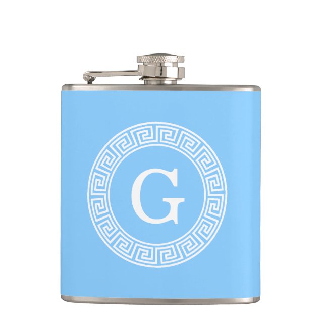 Sky Blue Wht Greek Key Rnd Frame Initial Monogram Hip Flask (Front)