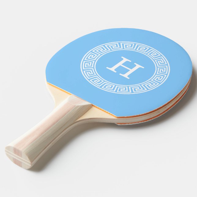 Sky Blue Wht Greek Key Rnd Frame Initial Monogram Ping Pong Paddle (Front Angle)