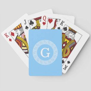 Sky Blue Wht Greek Key Rnd Frame Initial Monogram Playing Cards
