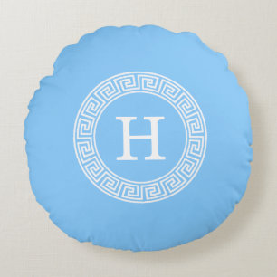 Sky Blue Wht Greek Key Rnd Frame Initial Monogram Round Cushion