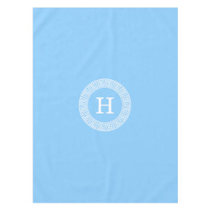 Sky Blue Wht Greek Key Rnd Frame Initial Monogram Tablecloth