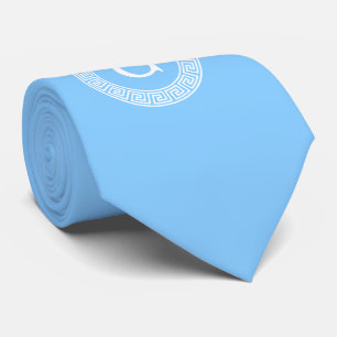 Sky Blue Wht Greek Key Rnd Frame Initial Monogram Tie