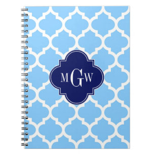 Sky Blue Wht Moroccan #5 Navy Blu 5c Name Monogram Notebook