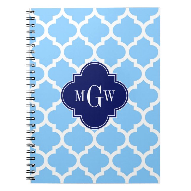 Sky Blue Wht Moroccan #5 Navy Blu 5c Name Monogram Notebook (Front)