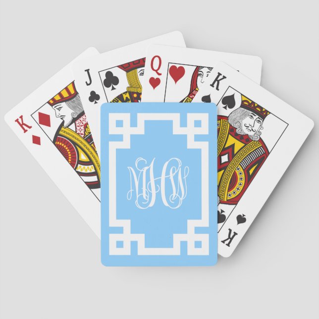 Sky Blue Wht Vine Script Monogram Greek Key DIY BG Playing Cards (Back)