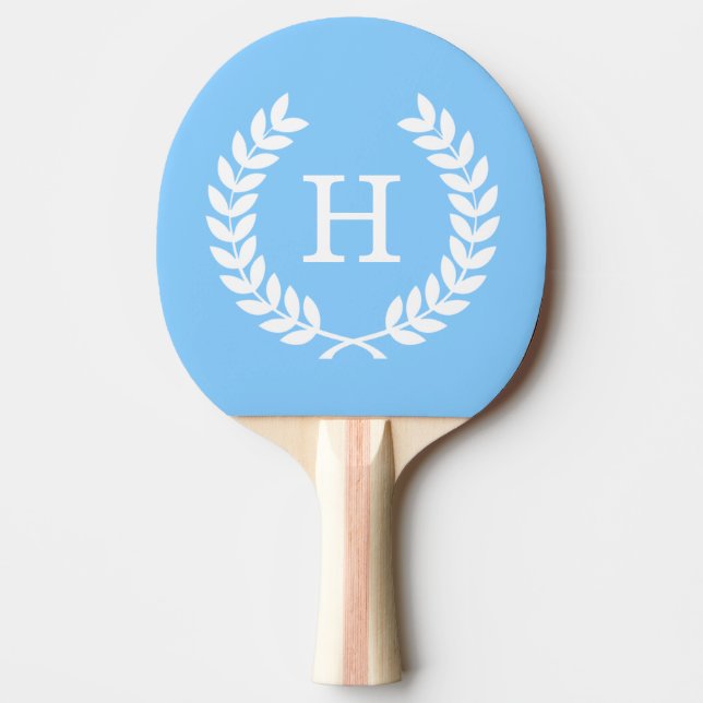Sky Blue Wht Wheat Laurel Wreath Initial Monogram Ping Pong Paddle (Front)