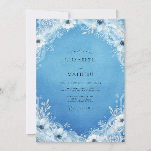 Sky Blue Winter Bloom Wedding Invitation (Front)