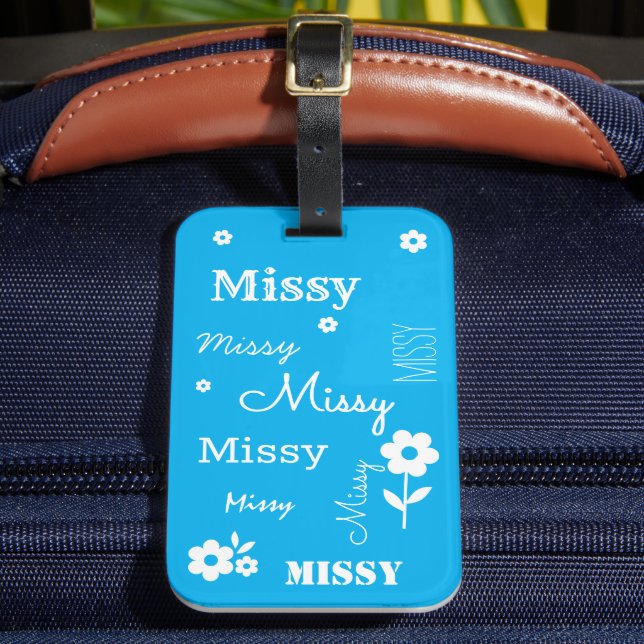 Sky Blue with White Flowers, Customised Luggage Tag (Front Insitu 2)