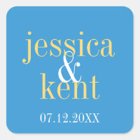 Sky blue yellow typography modern wedding favour