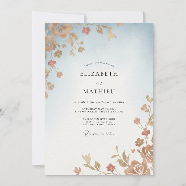 Sky Copper Leafy Wedding Invitation (Front)