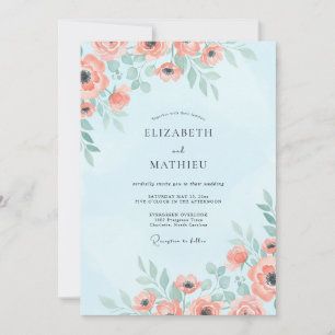 Sky Coral Poppy Wedding Invitation