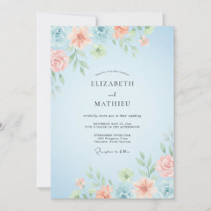 Sky Coral Ranunculus Dusty Eucalyptus Wedding Invitation