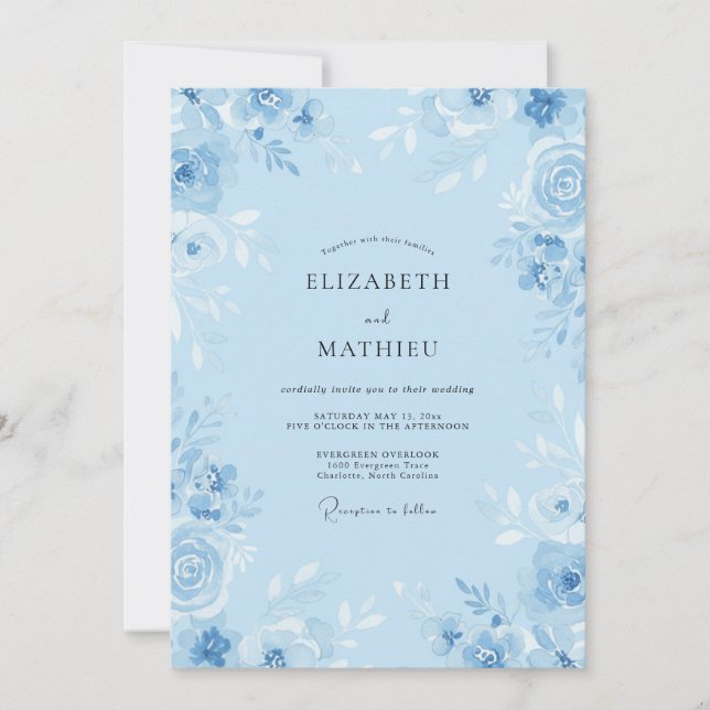 Sky Cornflower Ranunculus Eucalyptus Wedding Invitation (Front)