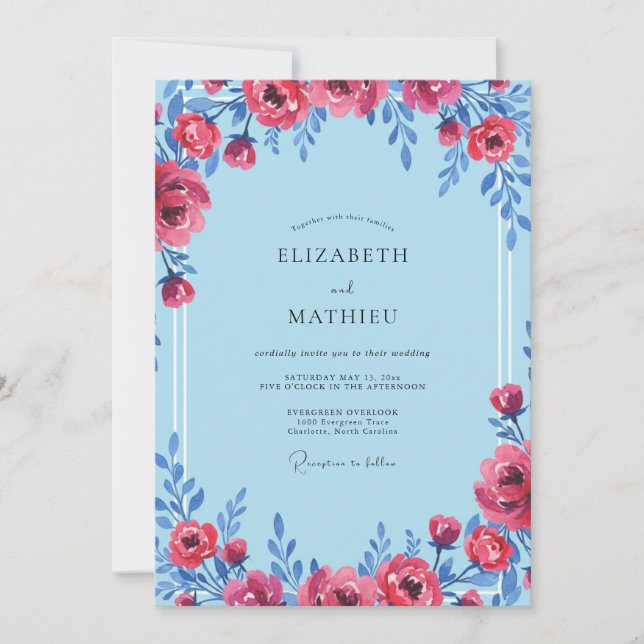 Sky Crimson Peony Wedding Invitation (Front)