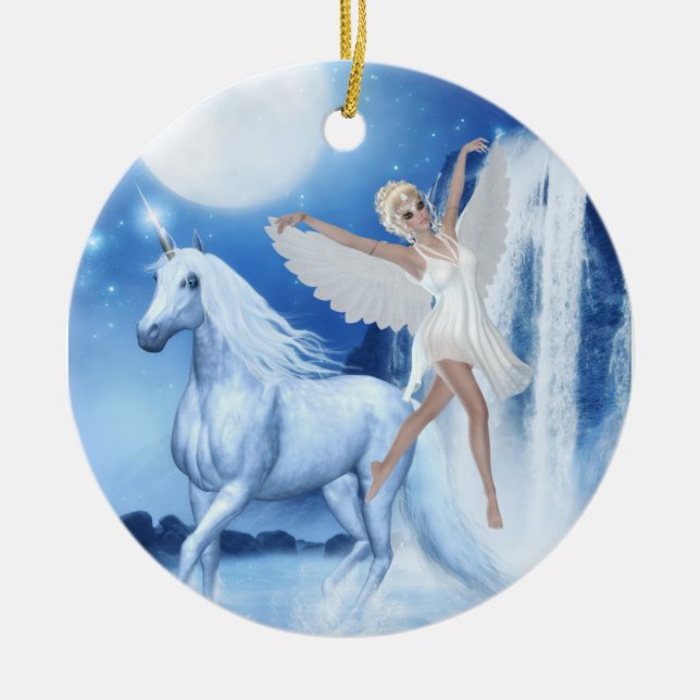 Sky Faerie Asparas and Unicorn Ceramic Ornament (Front)