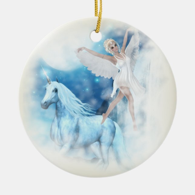 Sky Faerie Asparas and Unicorn Vignette Ceramic Tree Decoration (Front)
