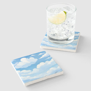 Sky Full of Clouds Watercolor Blue Sky Painting Stone Coaster