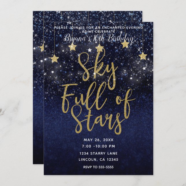 Sky Full of Stars Starry Night Gold Blue Party Invitation (Front/Back)