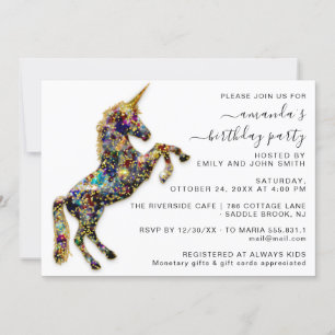 Sky Gold Glitter Unicorn Horse White Birthday Invitation