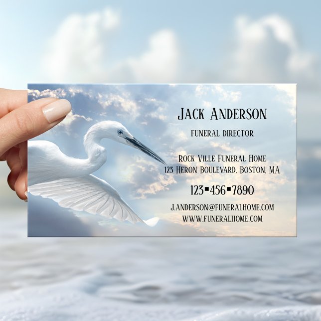 Sky Heron Funeral Director Business Card (Business card with a blue heron against a lightly clouded sky - undertaker - funeral - embalmer)
