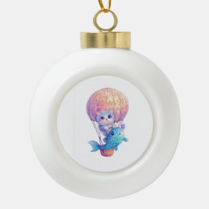 Sky High Kitty � Cute Whimsical Cat Adventure Ceramic Ball Christmas Ornament