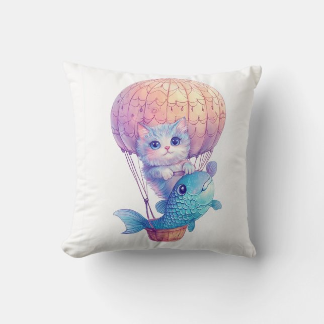 Sky High Kitty � Cute Whimsical Cat Adventure Cushion (Front)