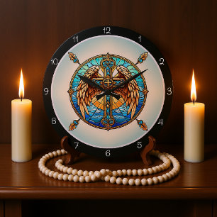 Sky Hues Winged Cross  Large Clock