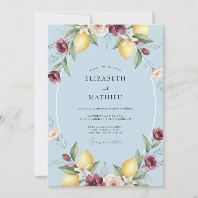 Sky Lemon Citrus Eucalyptus Wedding Invitation (Front)