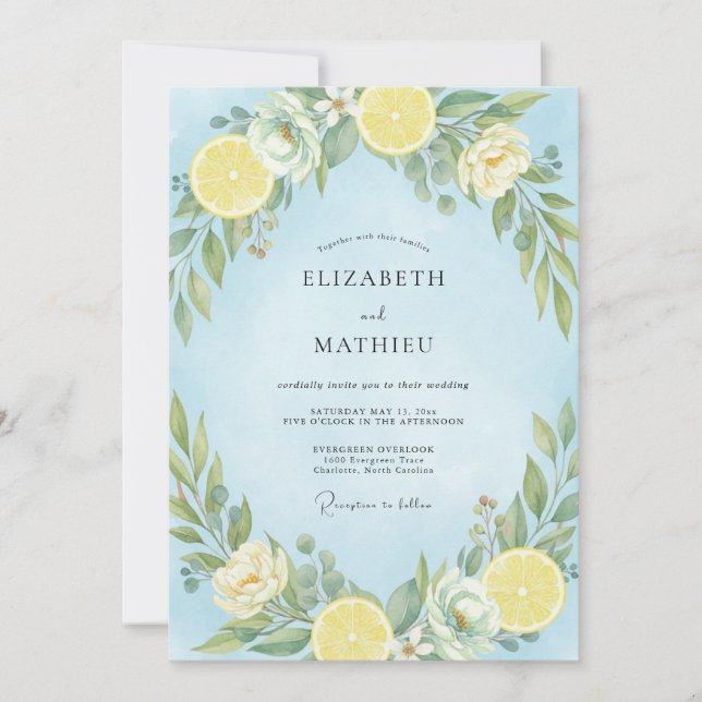 Sky Lemon Citrus Soft Eucalyptus Wedding Invitation (Front)