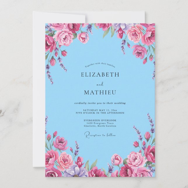 Sky Magenta Ranunculus Eucalyptus Wedding Invitation (Front)