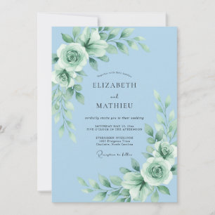 Sky Mint Rose Wedding Invitation