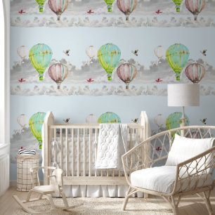 Sky of Clouds Hot Air Balloons Birds Green Blue Wallpaper