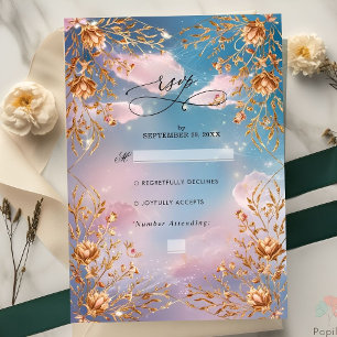 Sky of Love Golden flowers Wedding RSVP Card