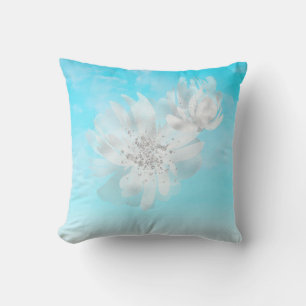 *~* Sky Ombre Clouds White Flowers Glitter Blue Cushion