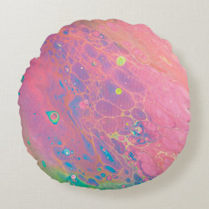 Sky on Venus Coral Pink Galaxy Acrylic Pour Round Cushion