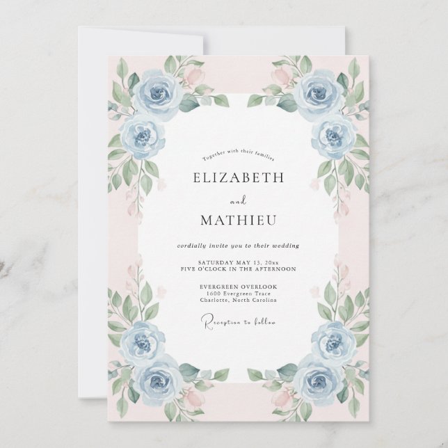 Sky Peach Ranunculus Muted Eucalyptus Wedding Invitation (Front)