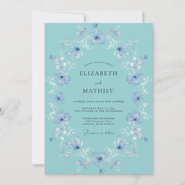 Sky Periwinkle Wreath Wedding Invitation (Front)