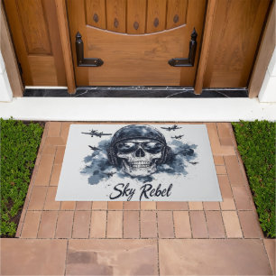 Sky Rebel Skull with Pilot Helmet and Sunglasses Doormat