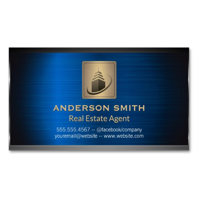 Sky Scraper Building | Blue Metallic Background Magnetic Business Card (Front)