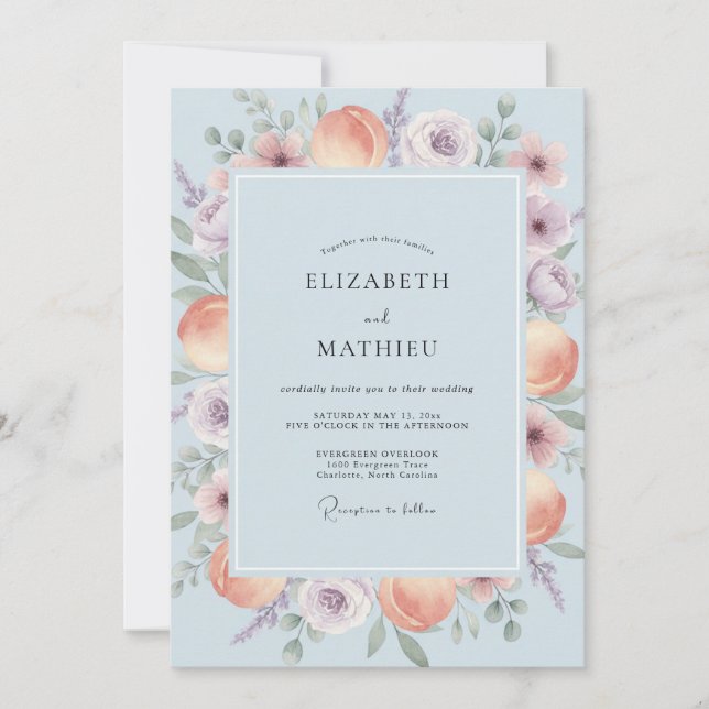 Sky Soft Blue Coral Blossom Wedding Invitation (Front)