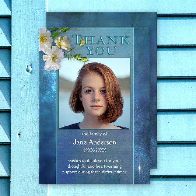 Sky Sympathy Funeral Photo Thank You Card (Heartfelt memorial or funeral photo Thank You card featuring your custom photo on a starry night sky)