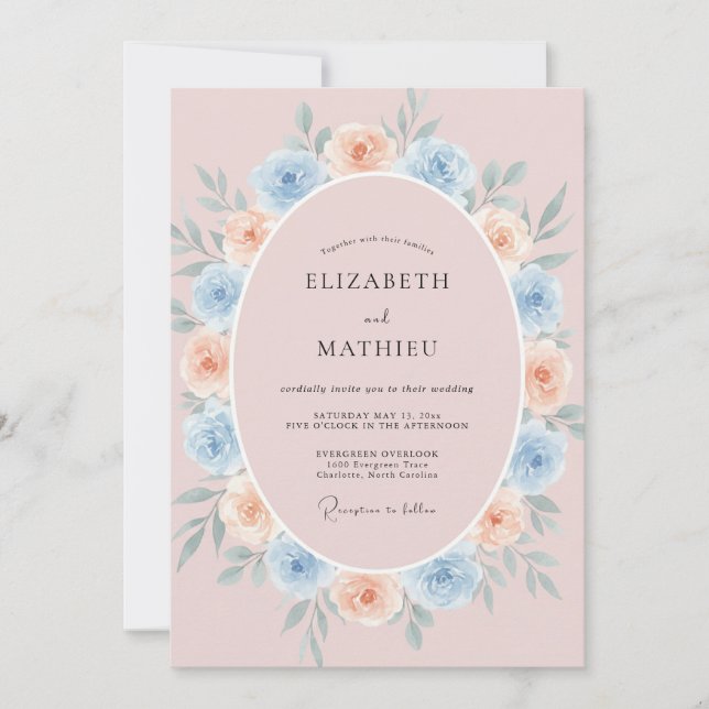 Sky Warm Peach Wreath Wedding Invitation (Front)