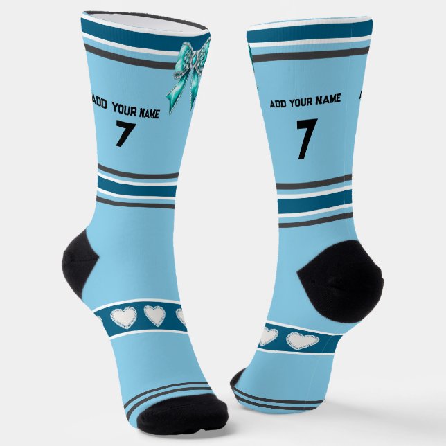 SkyBlue Bow - Name Number Socks (Angled)