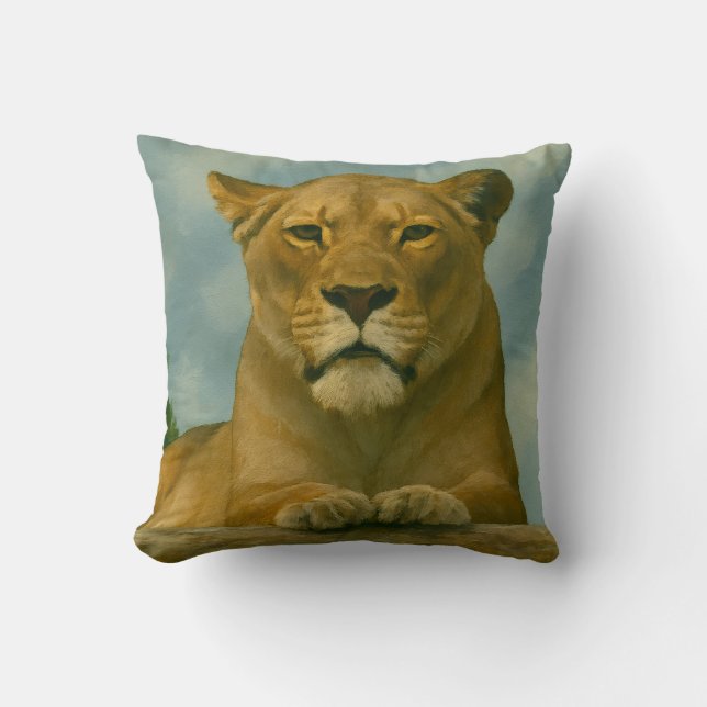 Skybound Grace – Lioness on the Ledge Cushion (Front)