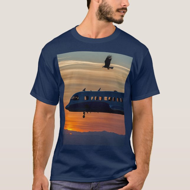 "Skybound Shadows – Eagle & Plane Sunset Tee" T-Shirt (Front)