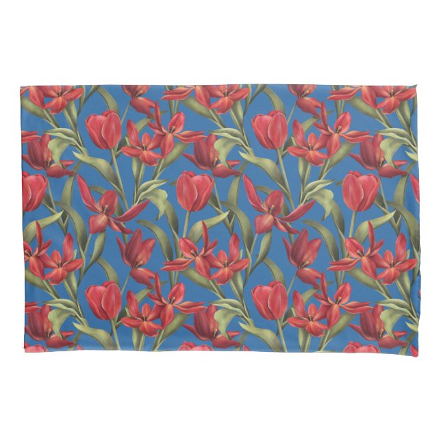Skydiver Blue background with Red Tulips Pillowcase (Front)